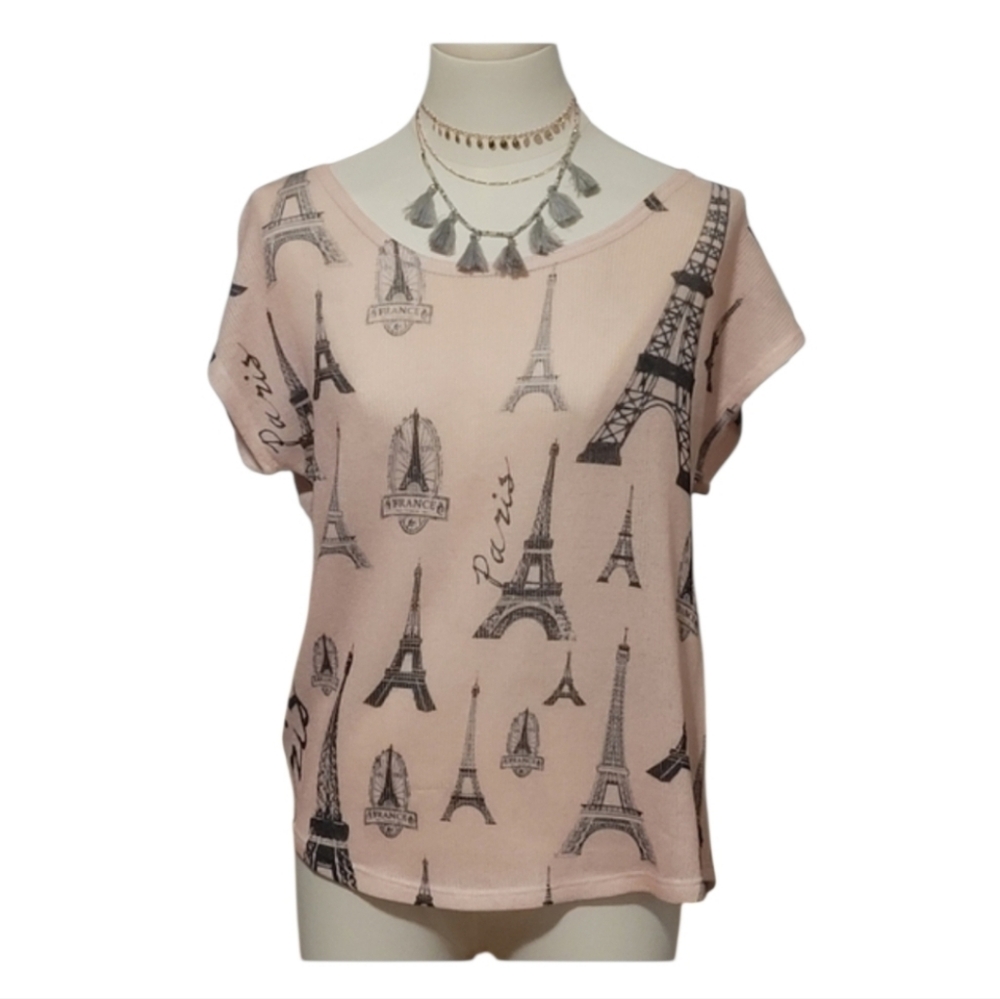 Blu Planet Pale Pink Black Paris France Eiffel Tower Knit Blouse Size Large